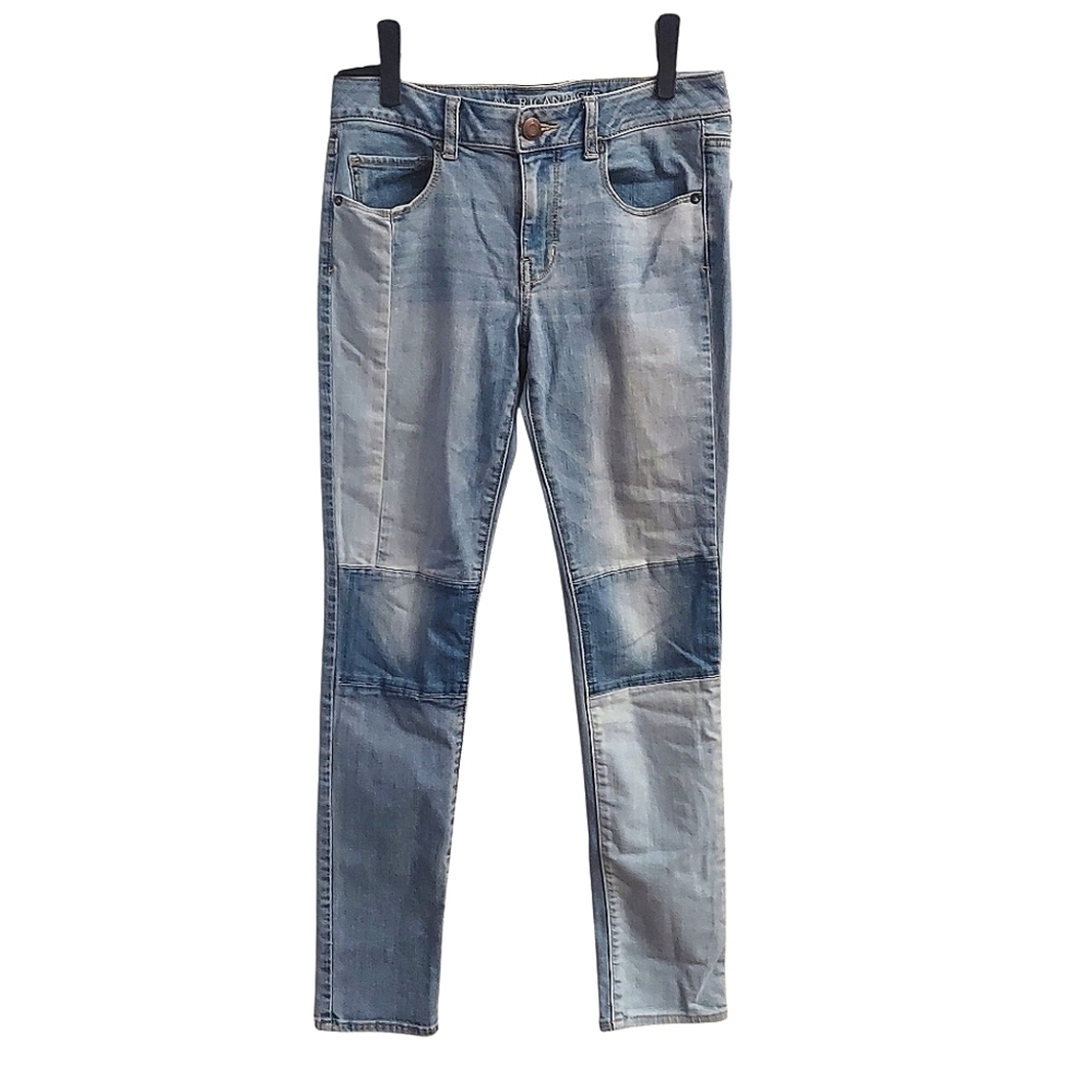 AMERICAN EAGLE Patchwork Lightwash Denim Skinny Jeans 6 Boho